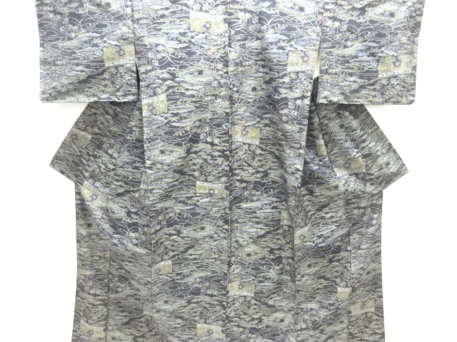 JAPANESE KIMONO / ANTIQUE KIMONO / SILK / TSUMUGI / WOVEN PINE & FLOWER